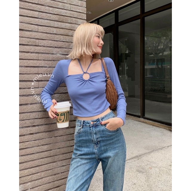 Áo croptop nữ kiểu yếm dài tay cột dây chéo MIEU - JM07