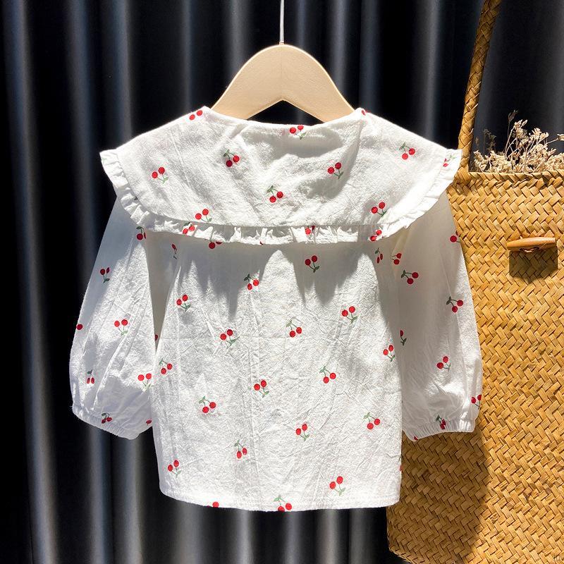 IU Autumn Baby Girl Cute Cherry Print Doll Collar Design Blouse Casual Kids Sweet Long Sleeve Clothes