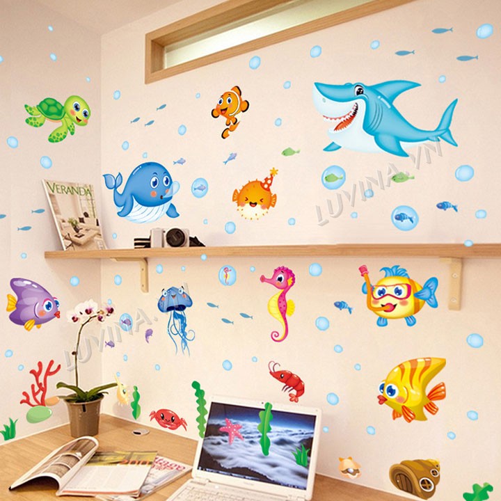 Decal dán tường trang trí quán cafe, văn phòng,phòng cho bé - Đàn cá đại dương