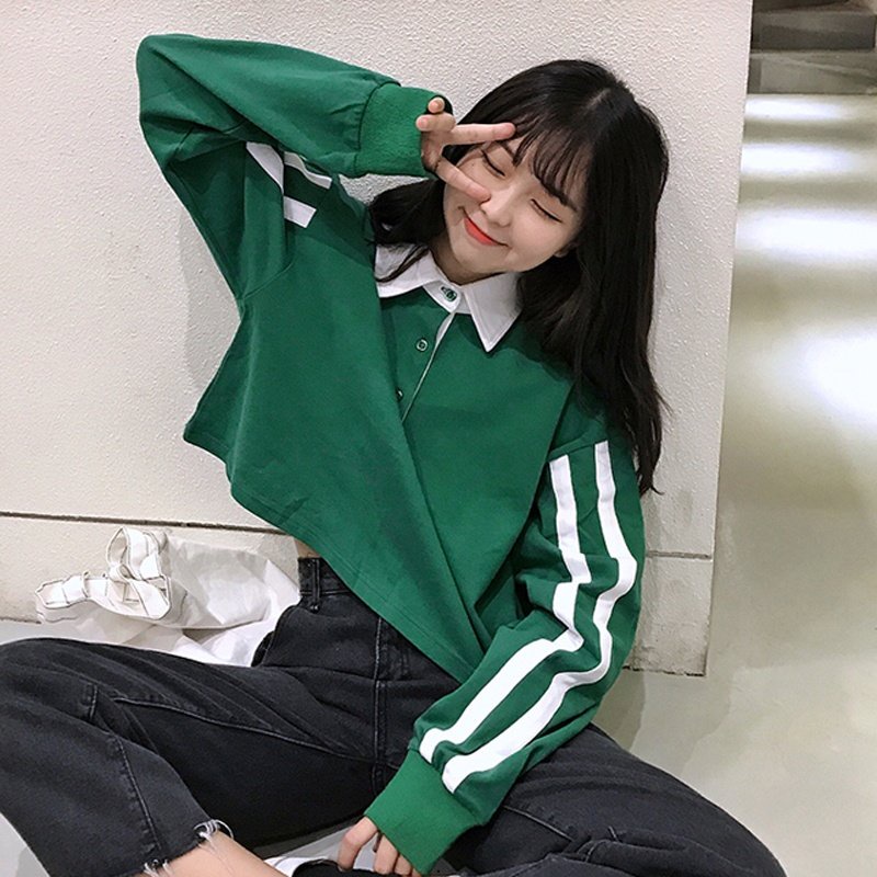 Áo polo Tay Dài Dáng Rộng Ngắn Họa Tiết Kẻ Sọc Thời Trang Hàn Quốc 2022 Mới