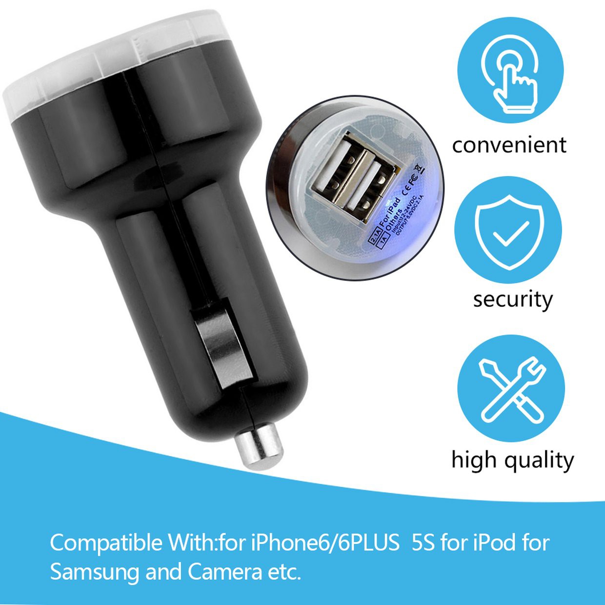 Củ Sạc Trên Xe Hơi 2 Cổng Usb Cho Iphone6 / 6plus 5s Ipod Camera