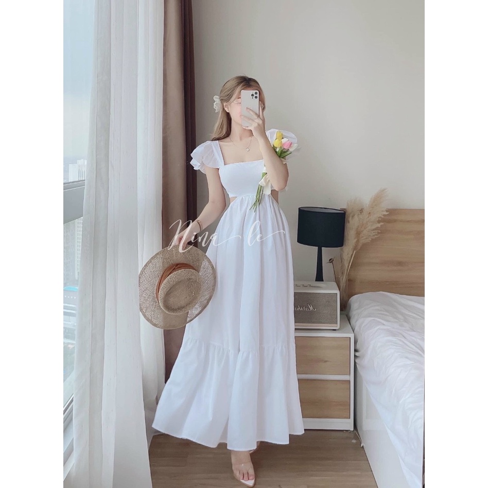 Váy đầm nữ maxi dáng xòe hai dây cánh tiên cột nơ lưng