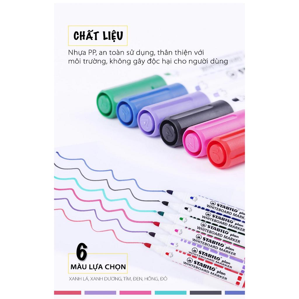 Bộ 6 bút lông, bút dạ viết bảng Stabilo WM643-6C Whiteboard marker-Ngòi vuông-Dễ xóa, nhiều màu tiện lợi, không độc hại