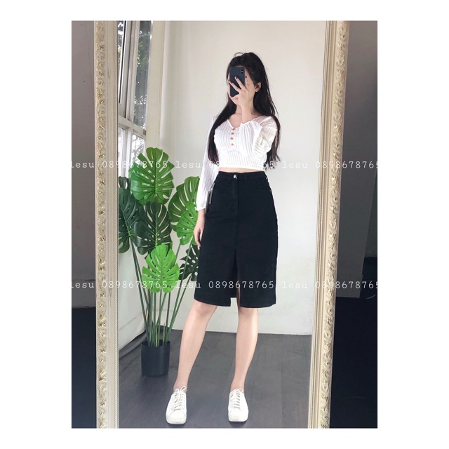 ẢNH THẬT Chân váy jeans midi trơn xẻ giữa lưng cao | BigBuy360 - bigbuy360.vn