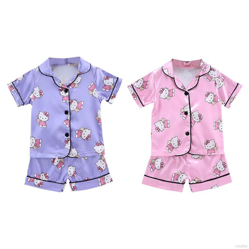 Bộ Đồ Ngủ Pijama Ngắn Tay In Hình Mèo Dễ Thương Cho Bé Gái 1-6 Tuổi