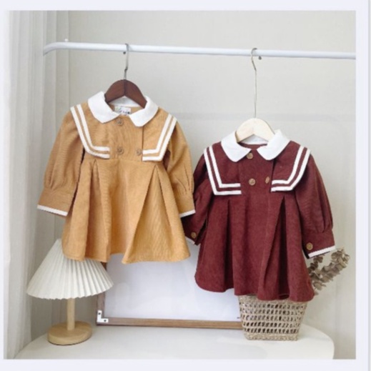 [ảnh thật sp }Đầm Bé Gái Vintage Chất Nhung Tăm, Cổ và Tay Phối Viền Phong Cách Hoàng Gia