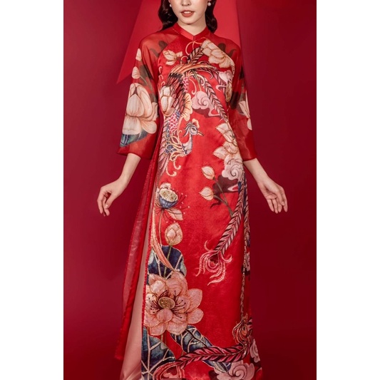 Áo dài cách tân 4 tà tơ sen đỏ kết đính áo dài sen thiết kế tặng kèm gương mini cho đơn trên 250k
