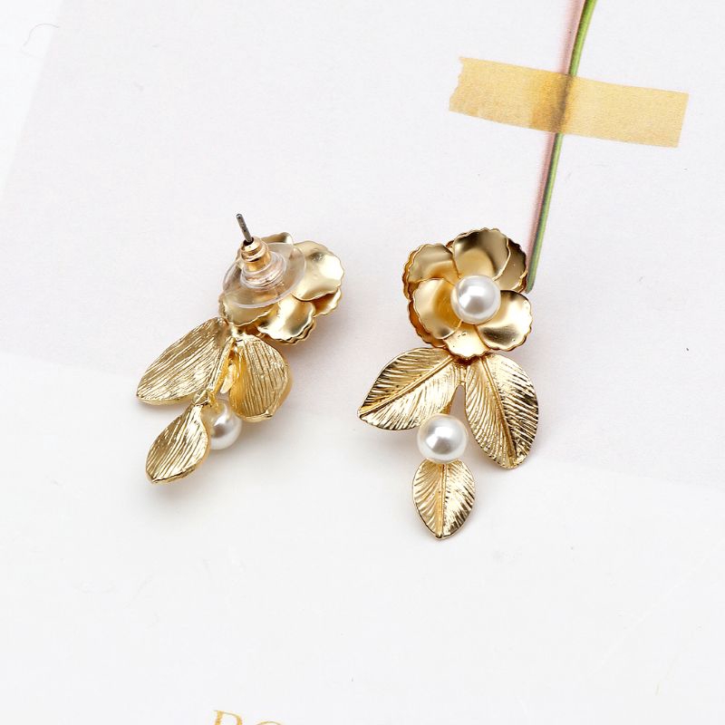 Bông Tai Hình Hoa Lá Đính Ngọc Trai Sang Trọng Thời Trang