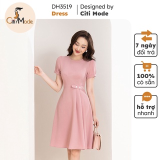 Đầm xòe hồng công sở CITI MODE xếp ly 1 bên đai eo đính cúc vải co giãn cao cấp DH3519