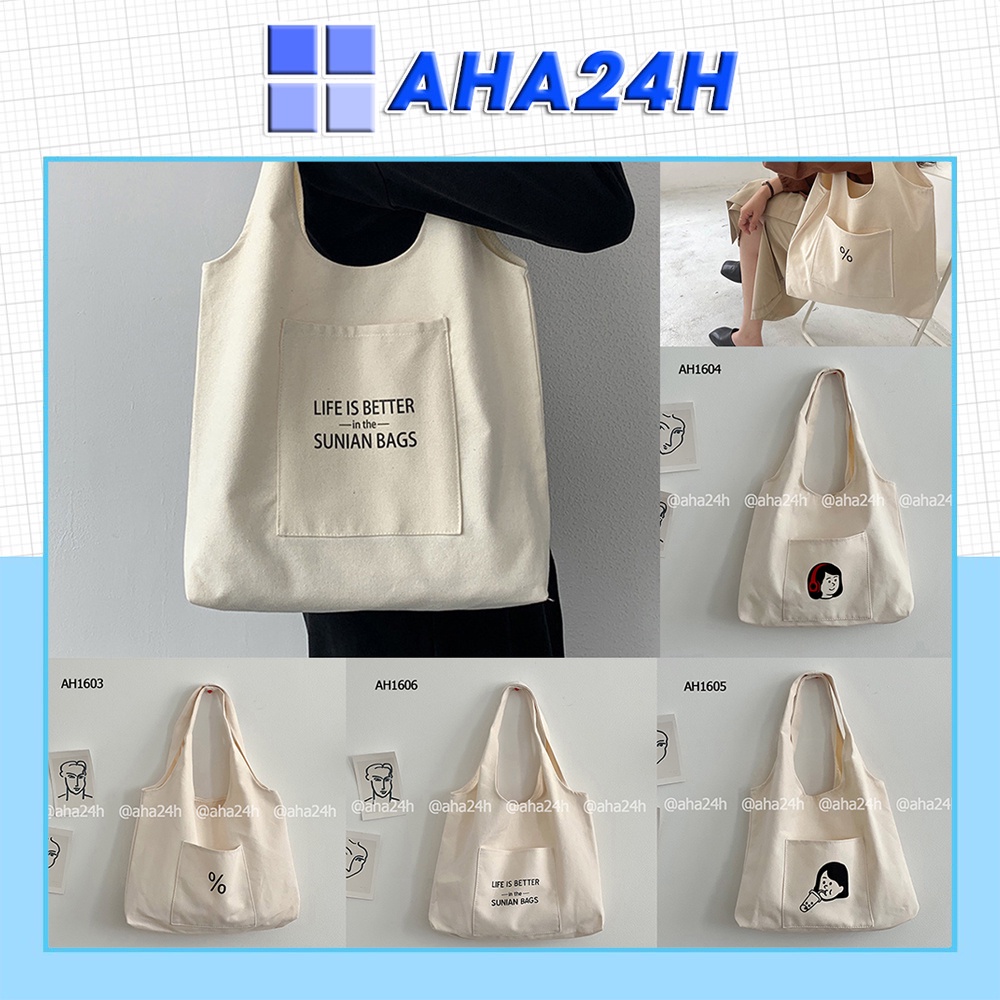 Túi tote vải canvas đi học đi chơi thời trang giá rẻ có túi nhỏ in hình đẹp