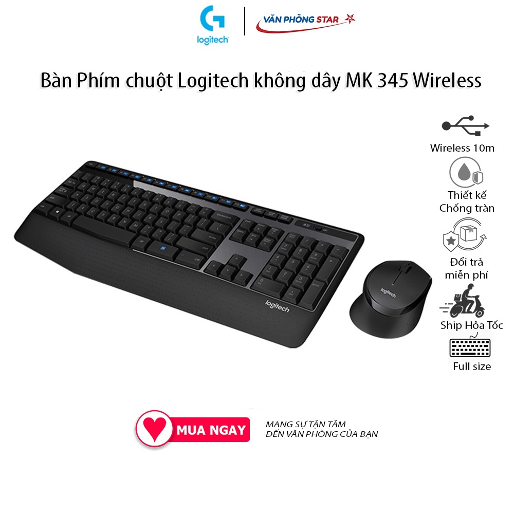 Bàn Phím chuột Logitech không dây MK345 kết nối không dây wireless. Kích thước bàn phím Full size, chuột quang 100 DPI