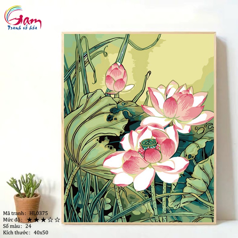 Tranh số hoá Gam hoa sen căng khung 40x50cm HL0375