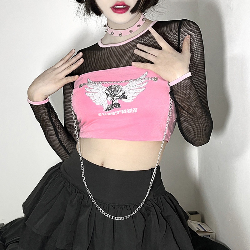 Áo Croptop Tay Dài Phối Dây Xích Kim Loại Hình Cánh Thiên Thần Cho Nữ