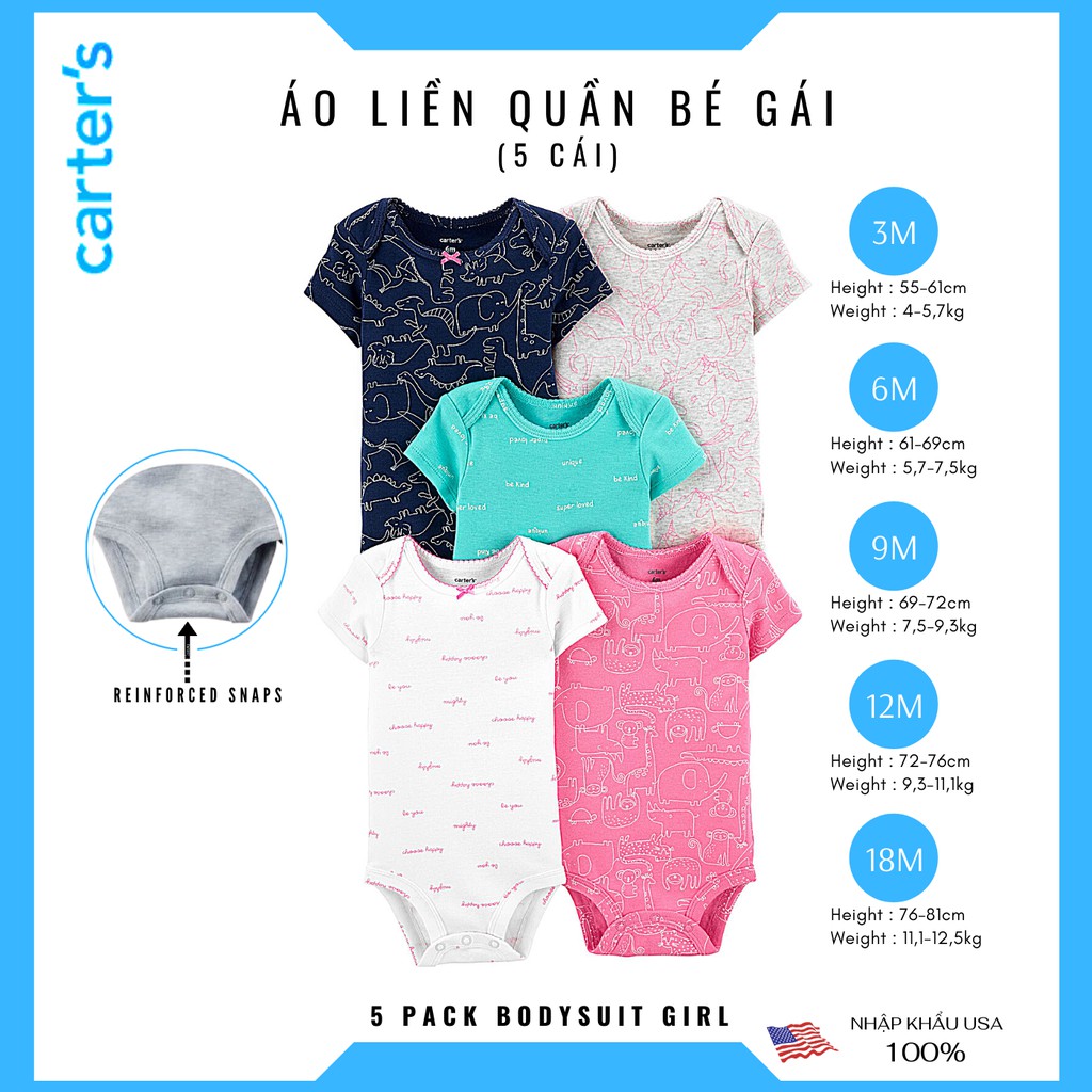 [hàng chính hãng][Nhập Khẩu Mỹ] Áo Liền Quần Carter's Bé Gái Animal Bodysuite , 3M,6M,9M,12M,18M,Combo 5 cái.