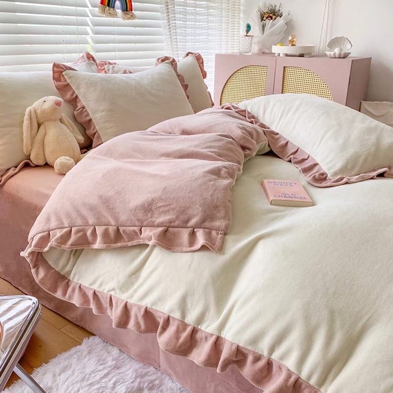 Set Bộ Vỏ Nỉ Mịn Trơn Viền Bèo,Chất Nhung Mềm, Êm, Giữ Nhiệt Tốt
