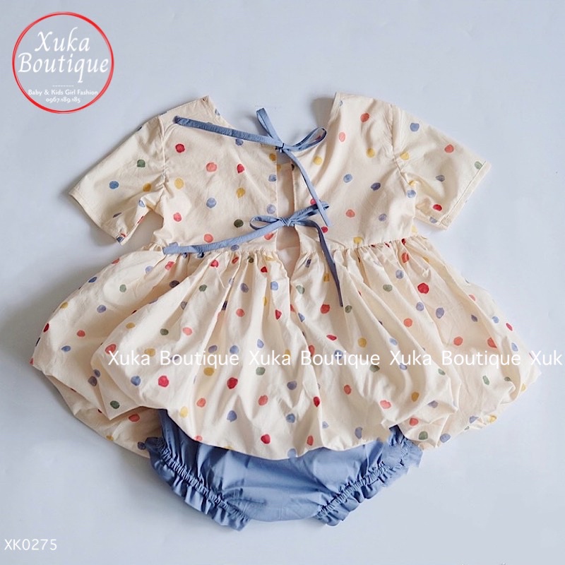 Set Váy Tiểu thư Chấm bi kèm quần SOFT COTTON Cao Cấp 2022 Áo váy cộc tay Mùa Hè Cho Bé Gái