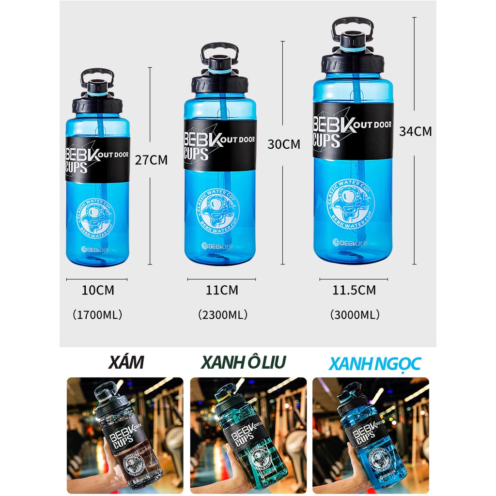 Bình nước thể thao, bình đựng nước nhựa có ống hút tập gym cao cấp 2300ml BEBK CUPS