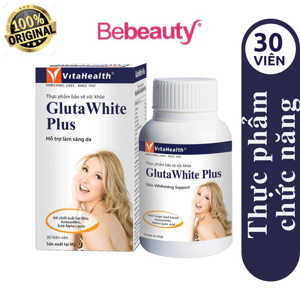 Viên Uống Trắng Da, Ngăn Lão Hóa,Thâm,Nám và Tàn Nhang VitaHealth Gluta White Plus (Hộp 30 viên)