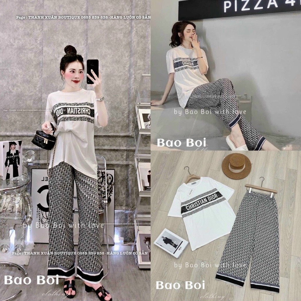 sét bộ cotton quần sọc họa tiết áo in chữ ngắn tay