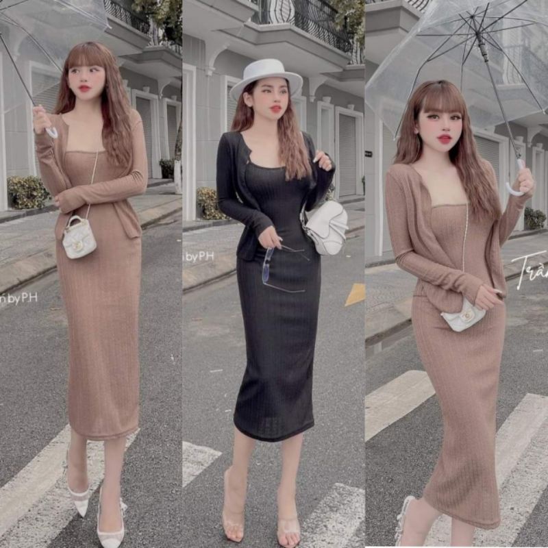 Đầm Body 2 Món Váy Dài Kèm Áo Khoác Mặc Nhiều Kiểu Hottrend Siêu Xinh