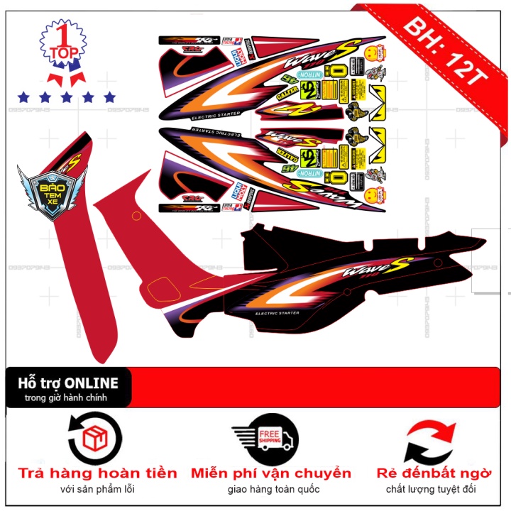 Tem rời dán xe wave nhỏ đời đầu S110 đỏ đen - Bi Decal