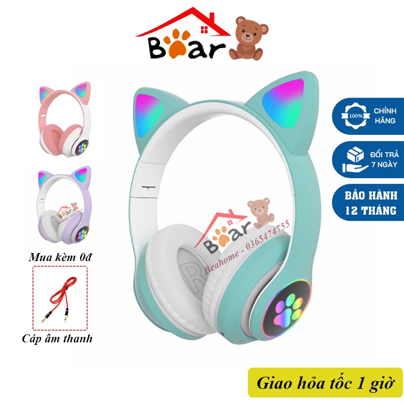 Tai nghe mèo có micro đàm thoại, Tai nghe bluetooth chơi game cao cấp, Headphone tai thỏ cute có đèn led, livestream