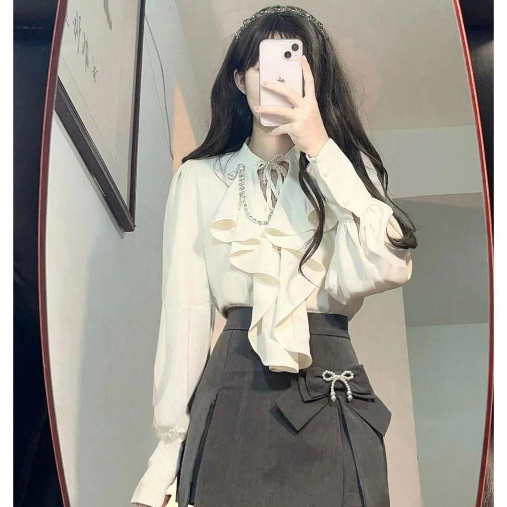 Bộ Đồ Phong Cách Preppy Thiết Kế Áo Sơ Mi Xếp Nếp Kiểu Lolita + Váy  cho nữ