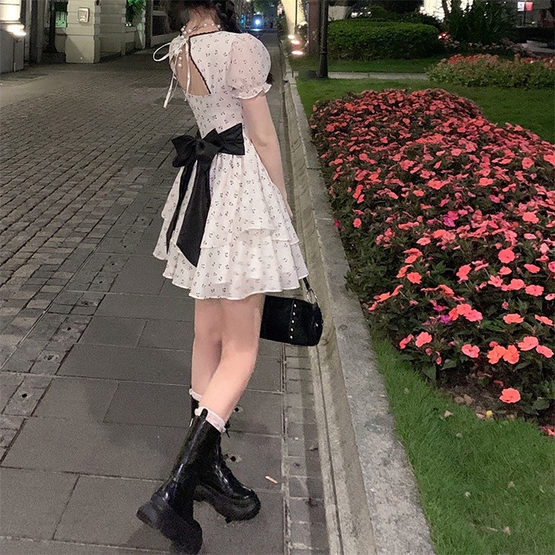 Đầm ZHELIHANGFEI tay phồng cổ vuông họa tiết hoa thời trang dành cho nữ