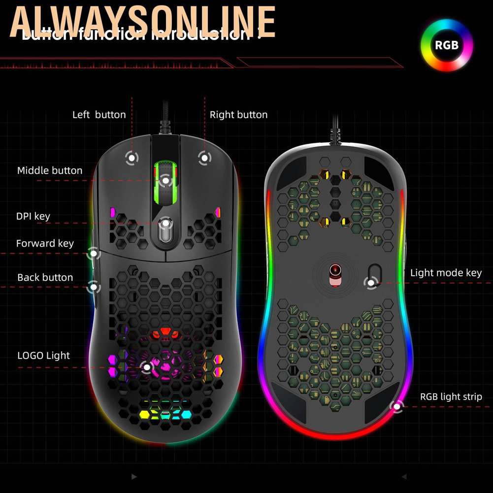 Chuột Gaming Alwaysonline Hxsj X600 Rgb Dpi 800 / 1600 / 2400 / 3200 / 4800 / 6400