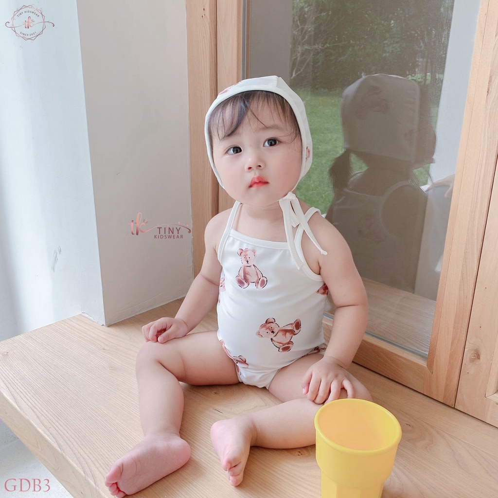 Bikini/ Đồ bơi liền 1 mảnh màu trắng họa tiết gấu bông (TẶNG KÈM MŨ BƠI) cho bé gái từ 5-13kg [GDB3]