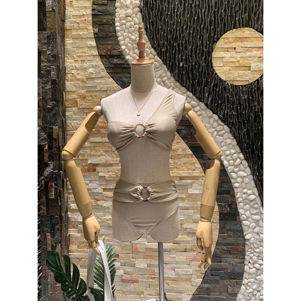 Bikini lệch vai phối khoen xám nude