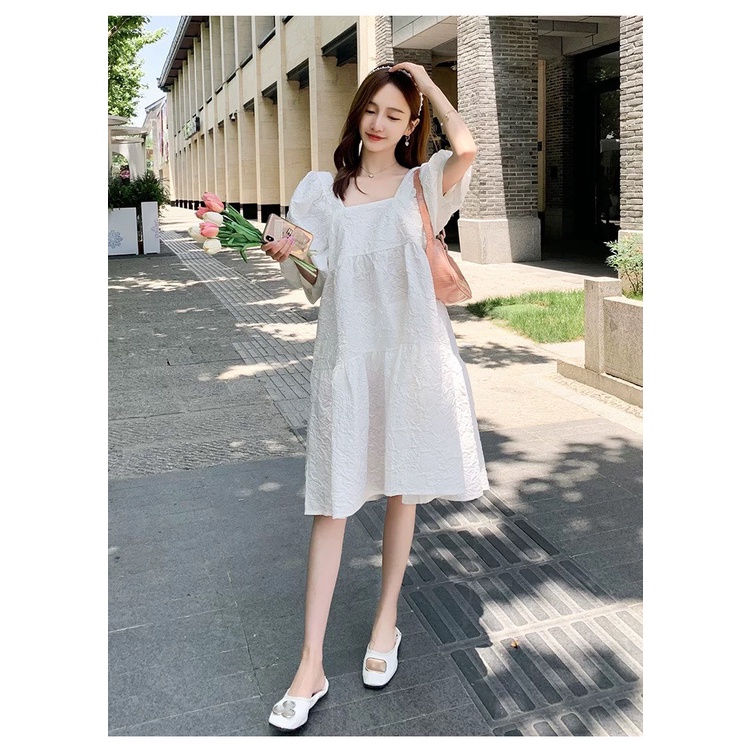 Đầm babydoll dáng dài bánh bèo, Váy nữ bầu form rộng tay bồng dáng xòe tiểu thư kiểu hàn dễ thương