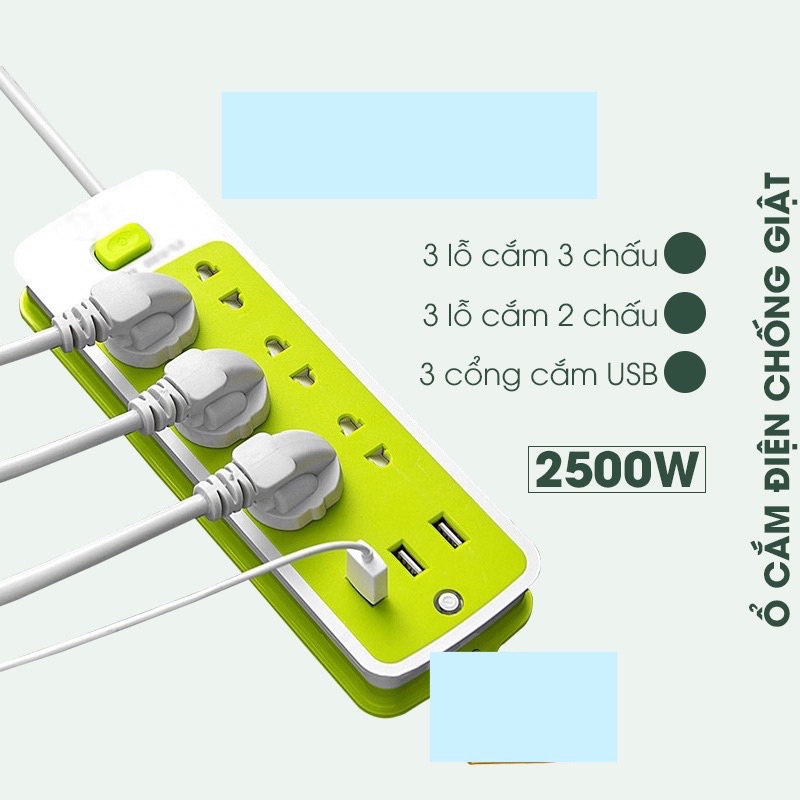 Ổ cắm điện xanh đa năng chống giật tích hợp 3 cổng USB