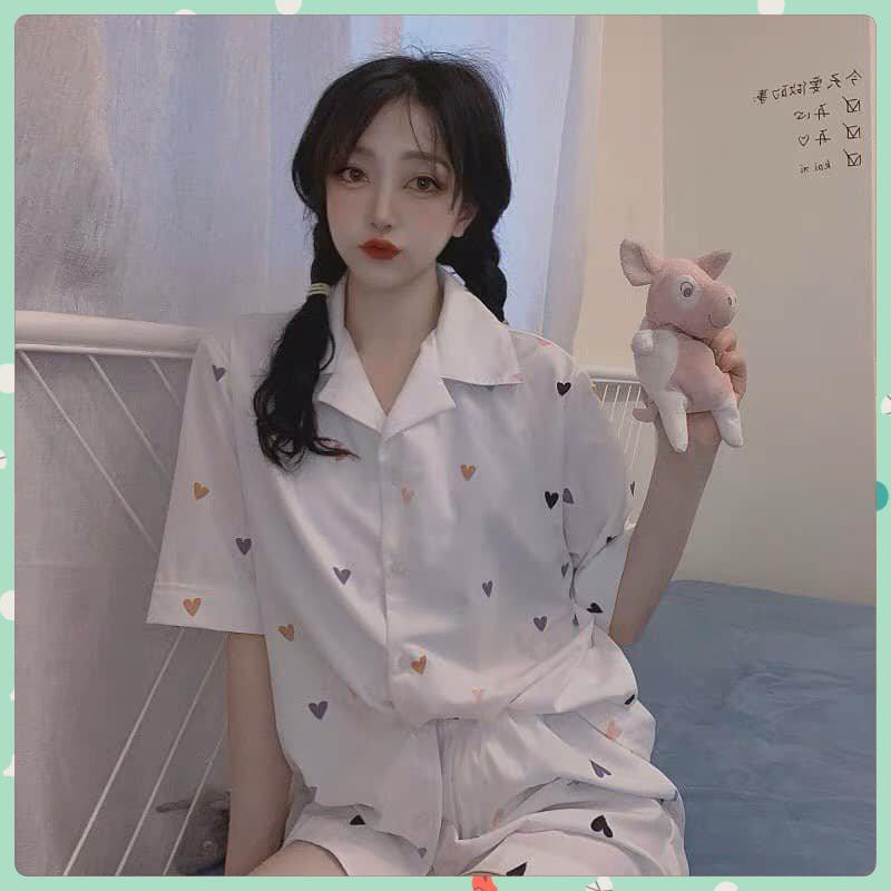 [FreeShip] Bộ PIJAMA Lụa Cao Cấp, Bộ Đồ Ngủ Nữ Trái Tim, Quần Áo Ngủ Nữ Đẹp Form Rộng