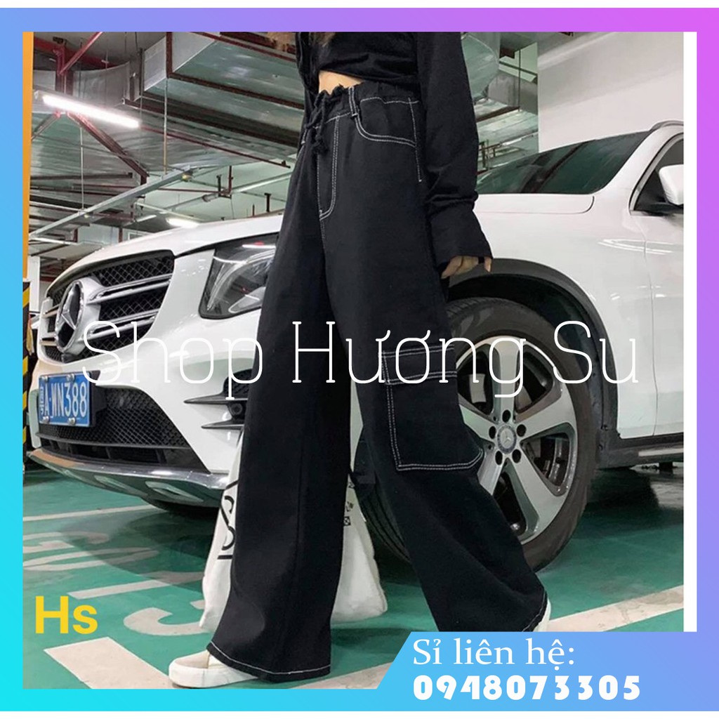 QUẦN ỐNG RỘNG DÁNG SUÔNG GIẢ JEANS TÚI HỘP CẠP CHUN-HươngSu (90-GiaJean)