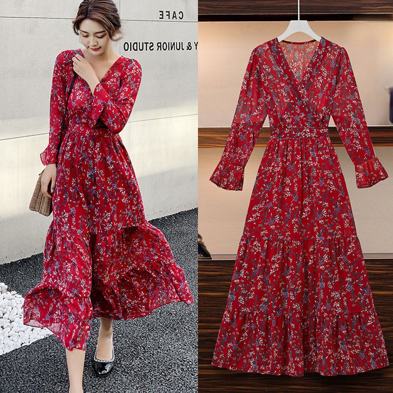 Đầm Tay Dài Cổ Chữ V Hoạ Tiết Hoa Thời Trang Xuân Thu Cho Phái Nữ | BigBuy360 - bigbuy360.vn