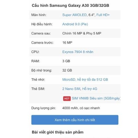 Điện thoại Samsung Galaxy A30 (3/32GB) Máy cũ - Hàng công ty chính hãng