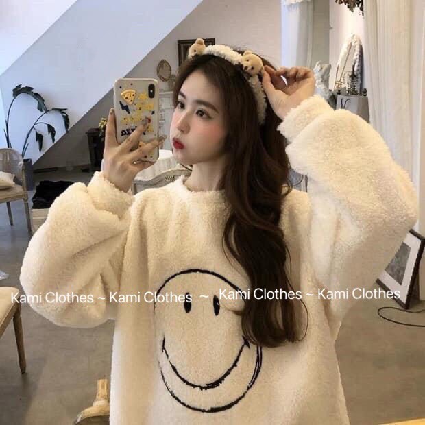 Set bộ ngủ lông cừu cực ấm, bộ ngủ nữ thu đông hình mặt cười kèm ảnh thật - KAMI Clothes