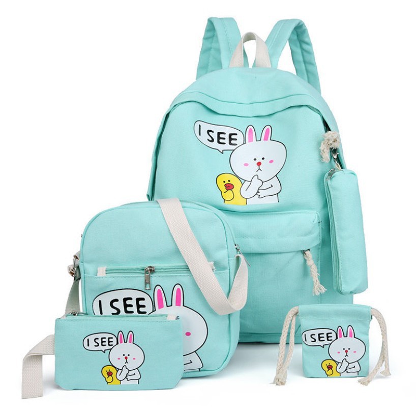 (GIÁ SIÊU TỐT) Bộ 5-in-1 Thỏ Cony Balo-Túi đeo chéo-Ví cầm tay-Hộp Viết-Túi rút ton sur ton thời trang Teen năng động