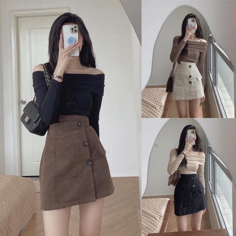 Chân Váy Nhung Tăm Cúc Vạt Chéo Siêu Hách Dáng, chân váy có quần lót trong dễ mix đồ BACIMI | BigBuy360 - bigbuy360.vn