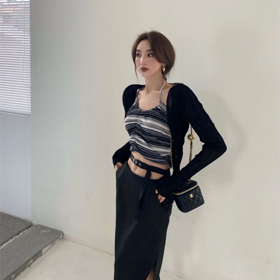 Áo Khoác Cardigan Dài Tay Cổ Chữ V Vải Lụa Mát Thời Trang Mùa Hè Chống Nắng Cho Nữ