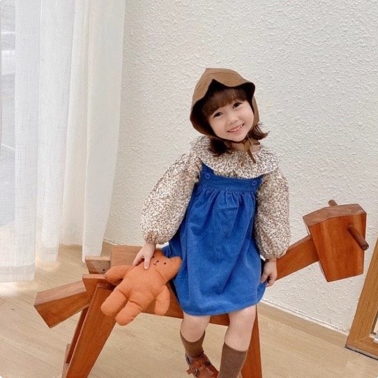 Bộ váy thời trang 2 mảnh bằng nhung mềm mại phong cách Hàn Quốc họa tiết hoa đáng yêu cho bé gái