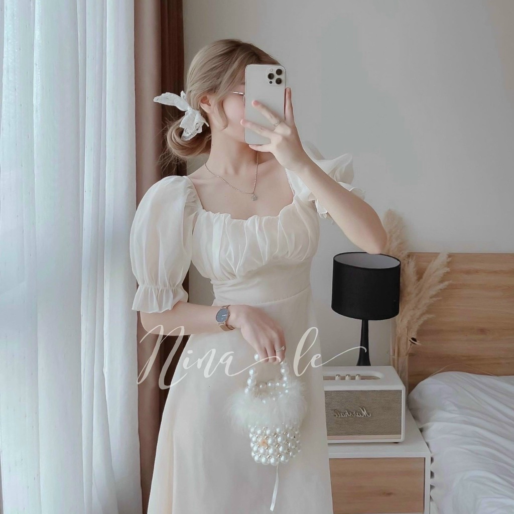[HCM] Đầm Dự Tiệc Xếp Ly Tay Phồng  (Có Mút Ngực) Thời Trang Nữ Sam Closet Free Size 40-55kg