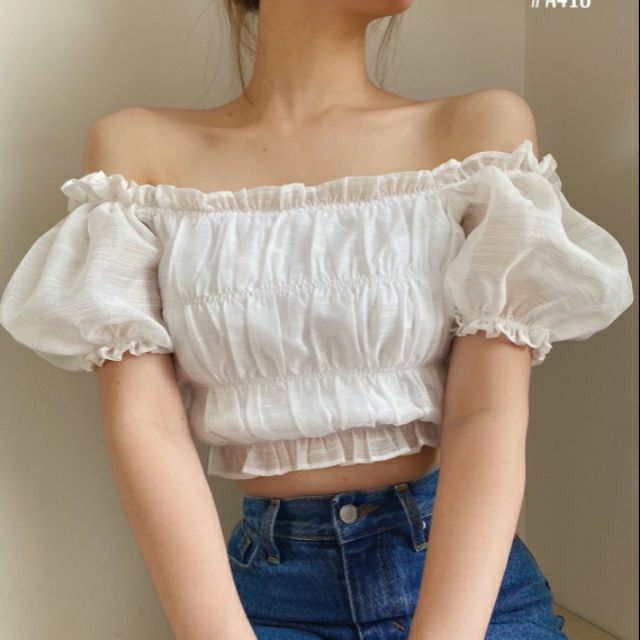 Áo croptop trễ vai tay phồng kèm ảnh thật