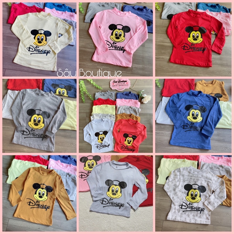Áo dài tay cottong giữ nhiệt cổ 3 phân in hình mickey dành cho bé, áo thun bún, thun cottong