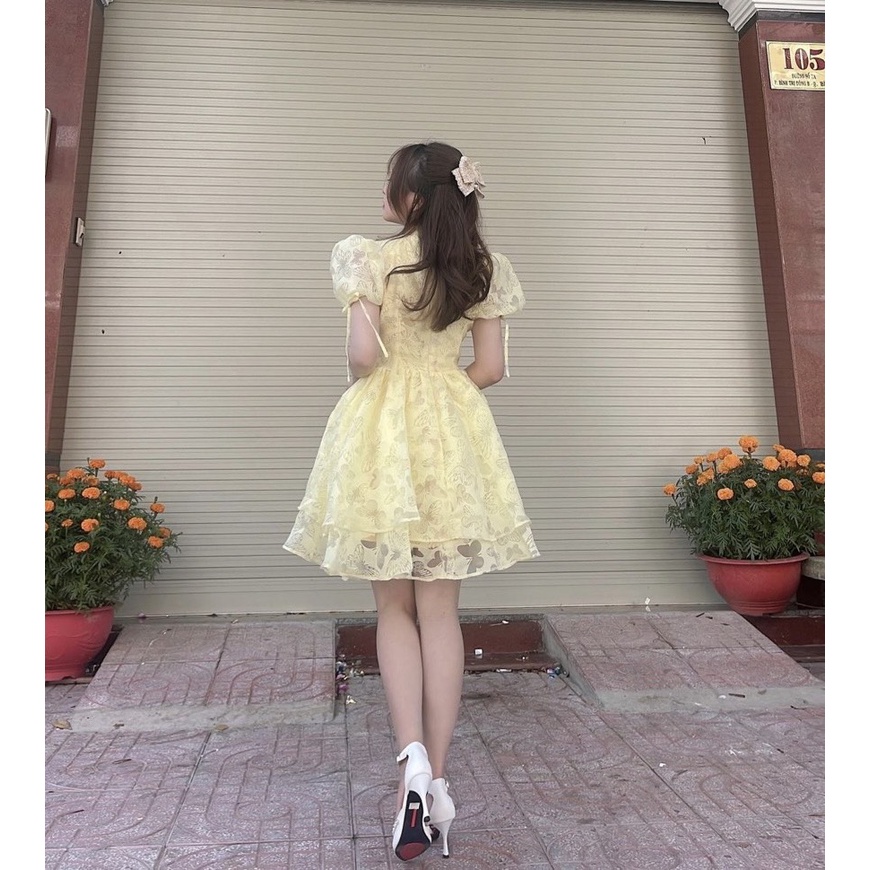 ĐẦM HOA NỔI CUT OUT KEM VÀNG