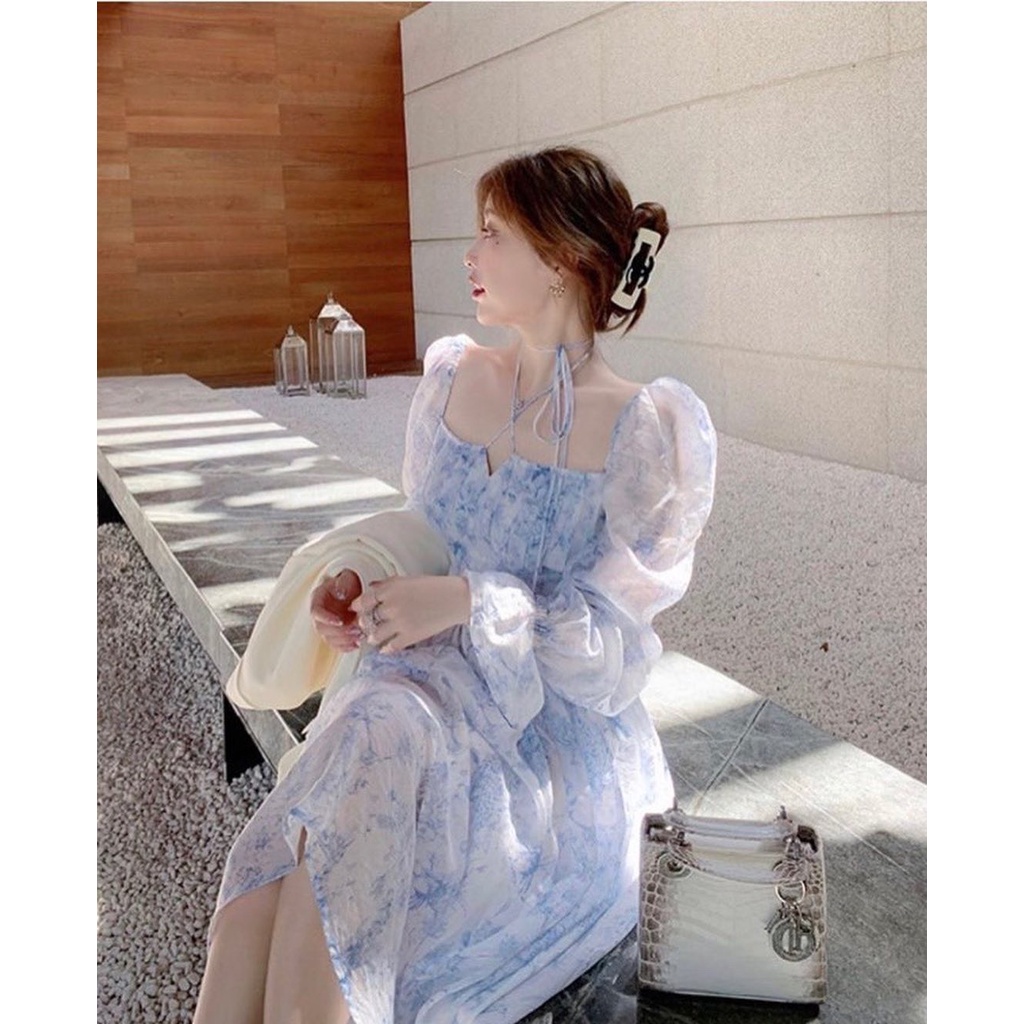 Đầm maxi hoa xanh cổ vuông dây chéo cổ , bo chun lưng sau phong cách XUKA DRESS