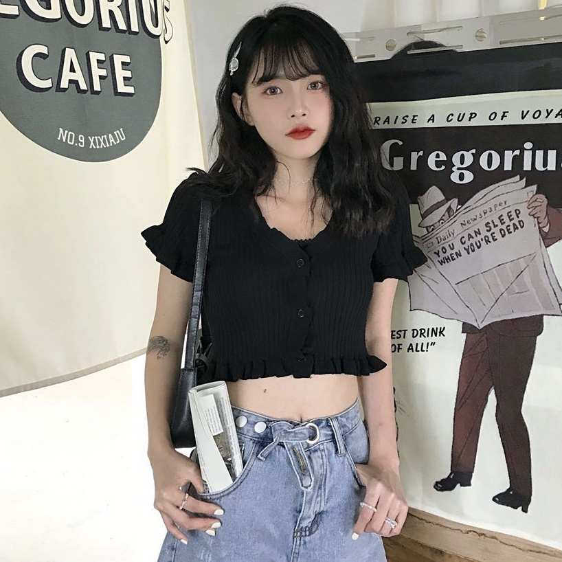 Áo Croptop phông nữ sexy dệt kim blackpink Ngắn Tay Cổ Chữ V Màu Trơn Phong Cách Hàn Quốc K5T3-2