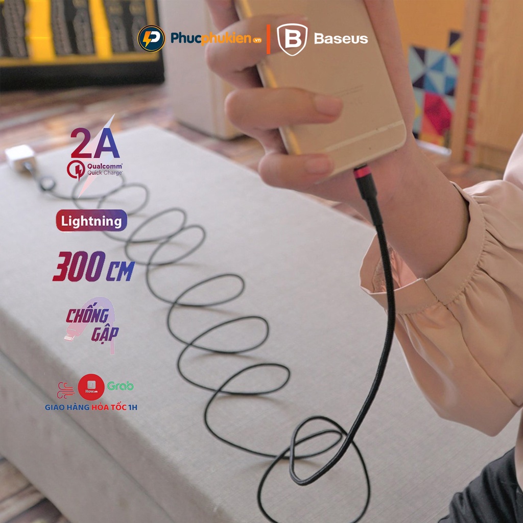 Dây sạc 3m chính hãng Baseus Cafule hỗ trợ sạc nhanh 10w cho 13 pro mã trở xuống Phúc Phụ Kiện HCM