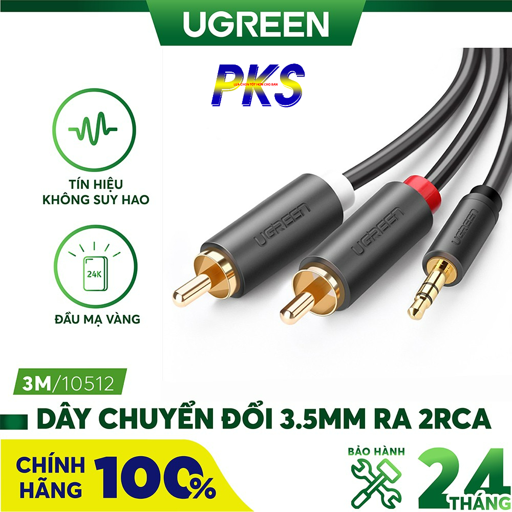 Dây loa 3,5mm sang 2 hoa sen RCA 3m Ugreen 10512 - Ugreen 10512